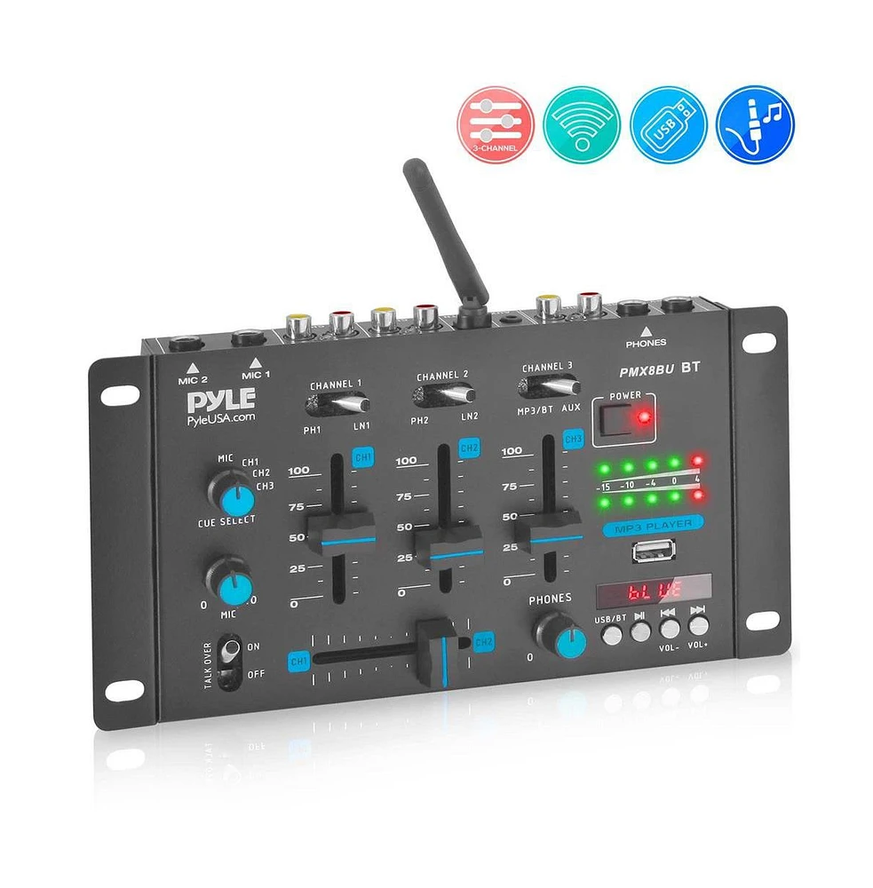 Pyle Wireless 3-Channel Dj Mixer with Bluetooth and Usb, Phono, Microphone, and Line Inputs