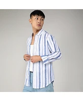 Campus Sutra Men's Sky Blue & Chalk White Striped Fringe Shirt