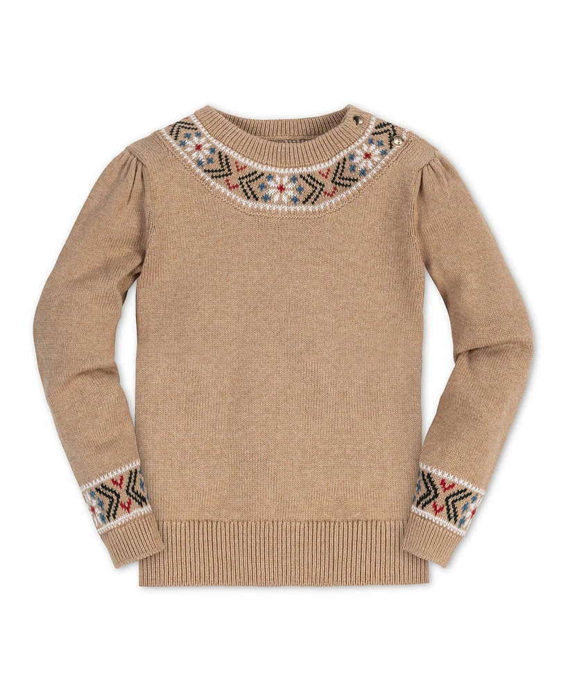 Hope & Henry Girls Organic Long Sleeve Intarsia Trim Crew Neck Sweater