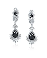 Bling Jewelry Black Cubic Zirconia Statement Dangle Formal Art Deco Style Chandelier Clip On Earrings Prom Silver Plated