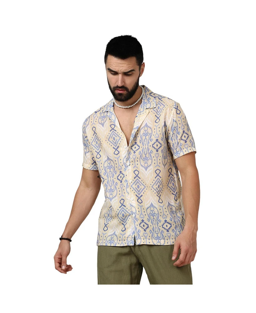 Campus Sutra Men's Pale Yellow & Powder Blue Ethnic Shirt