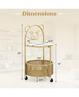 Gymax 2-Tier Mobile Glass Coffee Table w/ Bear Pattern Storage Basket Transparent & Golden