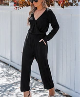 Cupshe Women's Black Ribbed Knit Long Sleeve Tapered Leg Jumpsuit