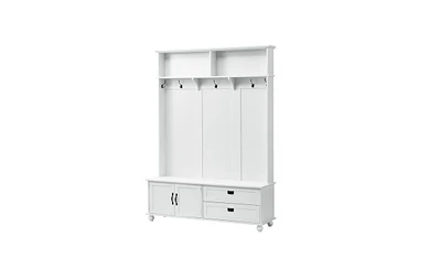 Slickblue Modern Hall Tree with Storage Cabinet & 2 Large Drawers: Wide Mudroom Bench with 5 Coat Hooks - White