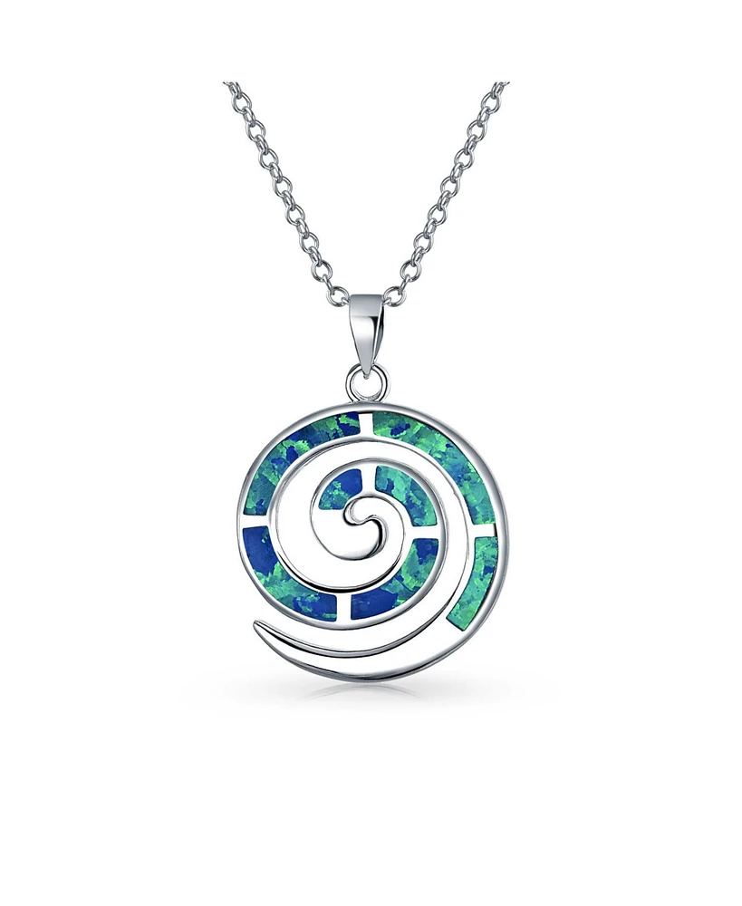 Bling Jewelry Round Blue Created Opal Inlay Spiral Maze Wind Pendant Necklace For Women .925 Sterling Silver