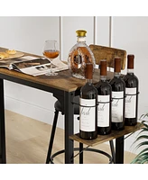 Slickblue Industrial Bar Table with Wood Top, Metal Base, Adjustable Height, and 2 Matching Chairs