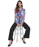 Karl Lagerfeld Paris Women's Oversized Printed Satin Button-Front Top