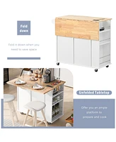 Slickblue Kitchen Island with Power Outlet: Drop Leaf, Rubber Wood Top, Open Storage, Wine Rack & 5 Wheels