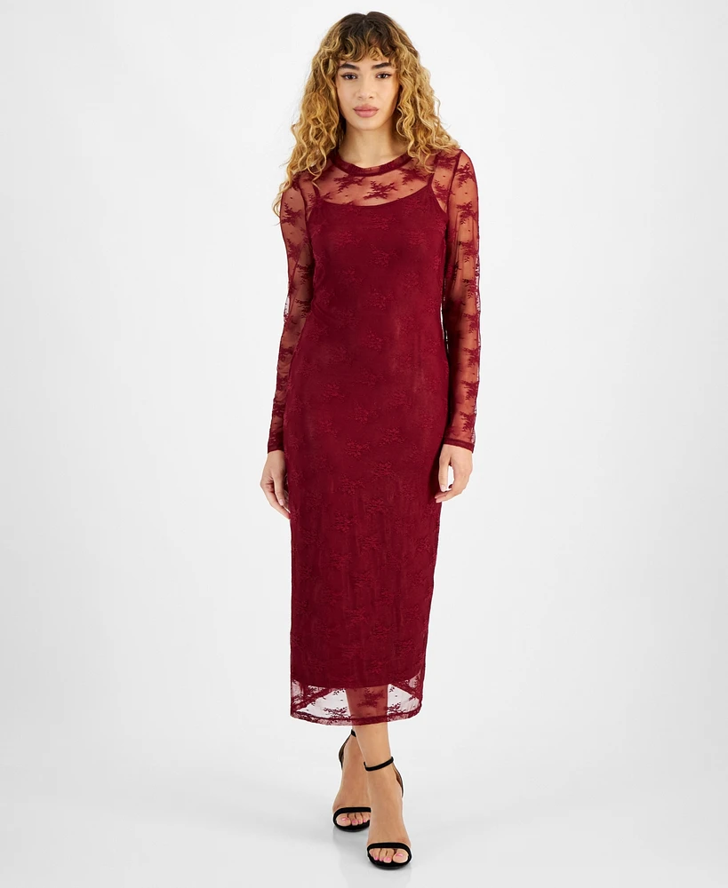 Bar Iii Women's Lace Long-Sleeve Crewneck Midi Dress, Created for Macy's