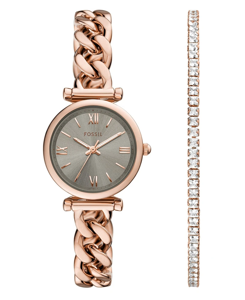 Fossil Women's Carlie Three-Hand Rose Gold-Tone Stainless Steel Watch and Bracelet Set, 28mm