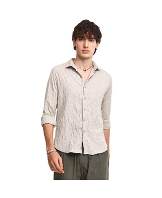 Campus Sutra Men's Greige Geometric-Texture Shirt