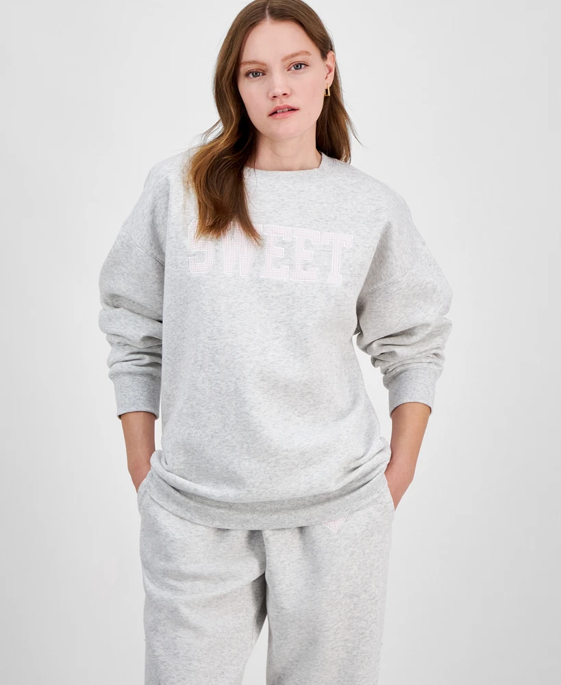 Planet Heart Juniors' Embroidered Fleece Crewneck Sweatshirt