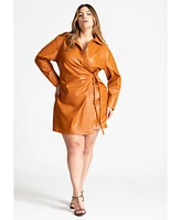 Eloquii Women's Faux Leather Wrap Detail Shirt Dress