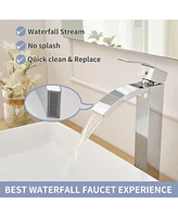 Greenspring Vessel Sink Faucet Chrome Bathroom Tall Spout Single Handle Single Hole Waterfall Modern Brass Commercial Basin Faucets with Pop Up Drain