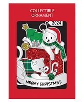 Ganz Sentiment Ornament Cat 'Meowy Christmas' with Dated 2024 Charm, 2.89" - Green, Red, Silver