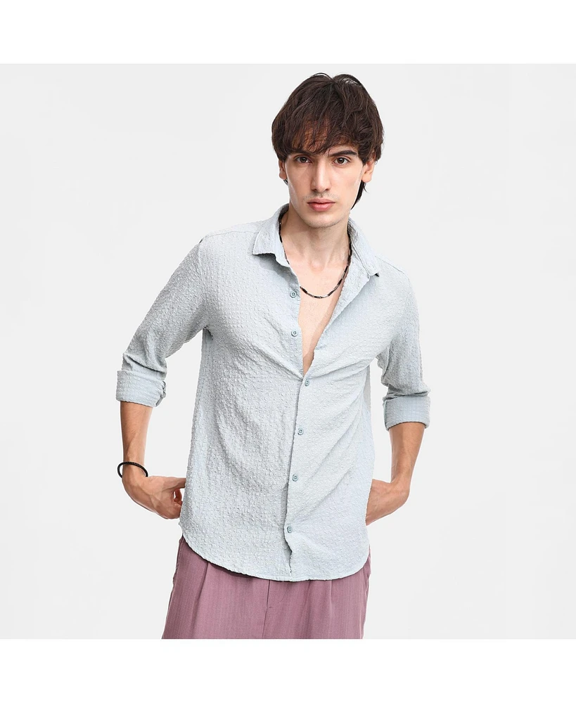 Campus Sutra Men's Icy Blue Cubic-Seersucker Shirt