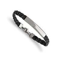 Chisel Stainless Steel Polished Braided Black Leather Id Bracelet