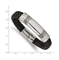 Chisel Stainless Steel Antiqued and Braided Black Leather Id Bracelet