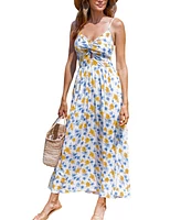 Cupshe Women's Blue & Yellow Floral Sweetheart Twist Keyhole Maxi Beach Dress