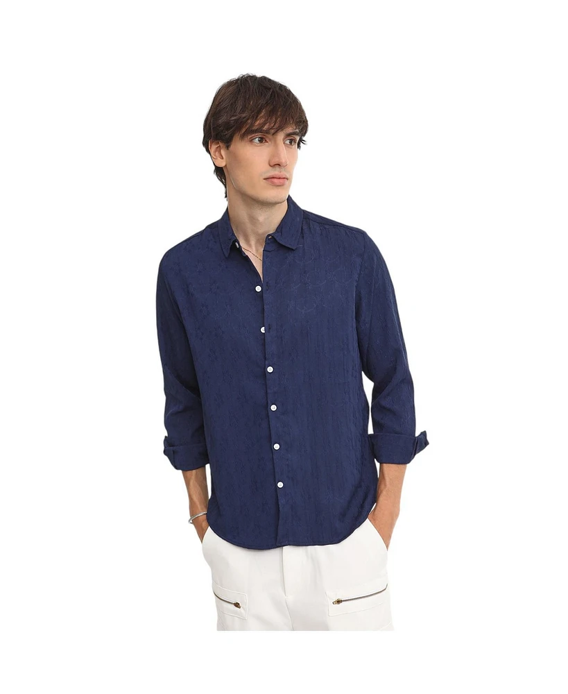 Campus Sutra Men's Navy Blue Floral-Textured Shirt