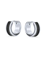 Bling Jewelry Striped Black Small Hoop Earrings Silver Two Tone Stainless Steel