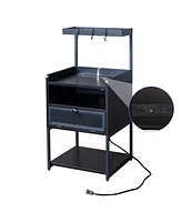 Slickblue Fch Wood Steel 1 Drawer Shelf Led Light Strips Nightstand With Socket Charging Station & Usb Ports Bed Table