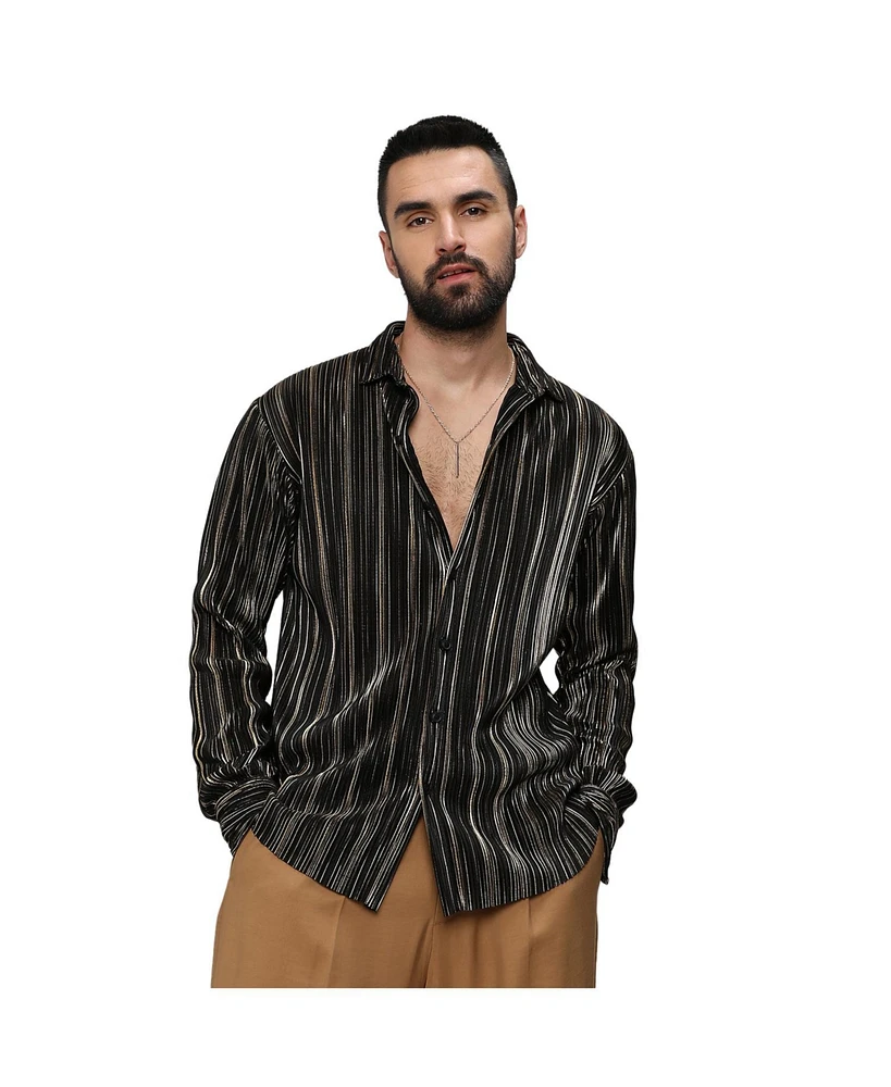 Campus Sutra Men's Jet Black & Metallic Gold Pleat-Creased Shirt