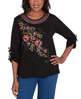 Alfred Dunner Petite Harvest Moon Floral Embroidered-Detail Crewneck Drawstring-Sleeve Top