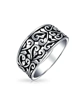 Bling Jewelry Boho .925 Sterling Silver Open Swirl Hearts Filigree Wide Band Ring 4MM