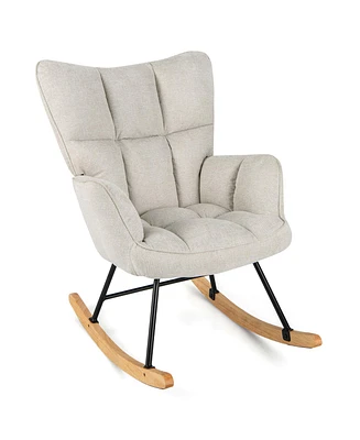 Costway Linen Nursery Rocking Chair with High Backrest Padded Armrests & Seat for Nursery Light