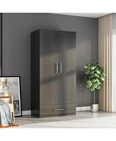 Famapy White 2-Door Wardrobe Armoire with 1-Drawers and Hanging Rod