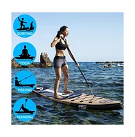 SereneLife Rising Flow Inflatable Stand-Up Paddle-Board With Accessories, Wood Design