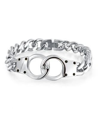 Bling Jewelry Biker Jewelry Interlocking Handcuff Bracelet With Padlock Curb Chain Black Ip Silver Tone Stainless Steel 88.5 Inch