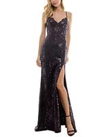 City Studios Juniors' Sequined Scalloped V-Neck Gown