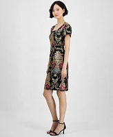 Tahari Petite Short-Sleeve Embellished Brocade Dress