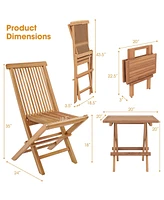 Costway 3PCS Patio Bistro Set Square Table Teak Wood Folding Chair Slatted Tabletop Seat