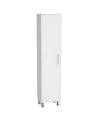 Dryden Tall Narrow Storage Cabinet with 5-Tier Shelf and Broom Hangers, White