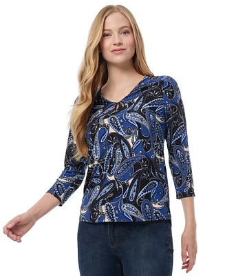 Jones New York Women's Printed Crepe V-Neck Keyhole Top