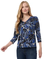 Jones New York Women's Printed Crepe V-Neck Keyhole Top