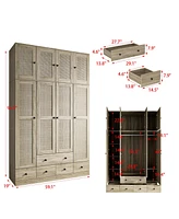 Famapy Brown Rattan Doors Wardrobe with 5-Drawers,2-Hanging Rods,Top Cabinet
