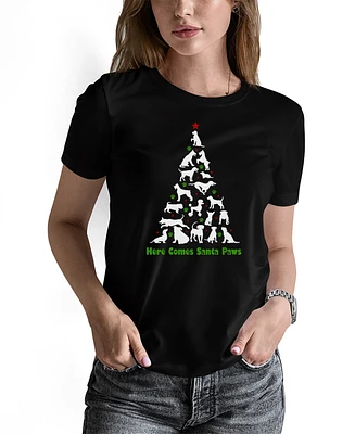 La Pop Art Women's Here Comes Santa Paws Word Crew Neck T-Shirt