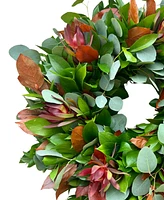 GreenishBlu Fall Ruscus, Silver Dollar Eucalyptus, Orange Salal and Red Safari Real Aromatic Wreath, 22"