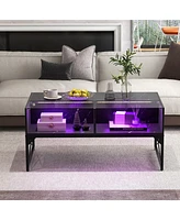 Gymax High-gloss Led Coffee Table w/ Faux Marble & Tempered Glass Top 4 Storage Cubes White