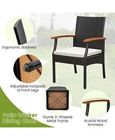 Costway 2PCS Patio Pe Wicker Chairs Acacia Wood Armrests with Soft Zippered Cushion Balcony