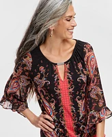 Jm Collection Women's Printed Ruffle Chiffon-Sleeve Top, Created for Macy's