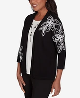 Alfred Dunner Petite Runway Ready Floral Embroidered Two in One Sweater with Necklace