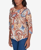 Alfred Dunner Petite Harvest Moon Watercolor Paisley Crew Neck Top