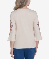 Alfred Dunner Petite Harvest Moon Medallion Embroidered Flutter Sleeve Top