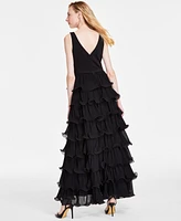 Betsy & Adam Women's Tiered Long V-Neck Gown