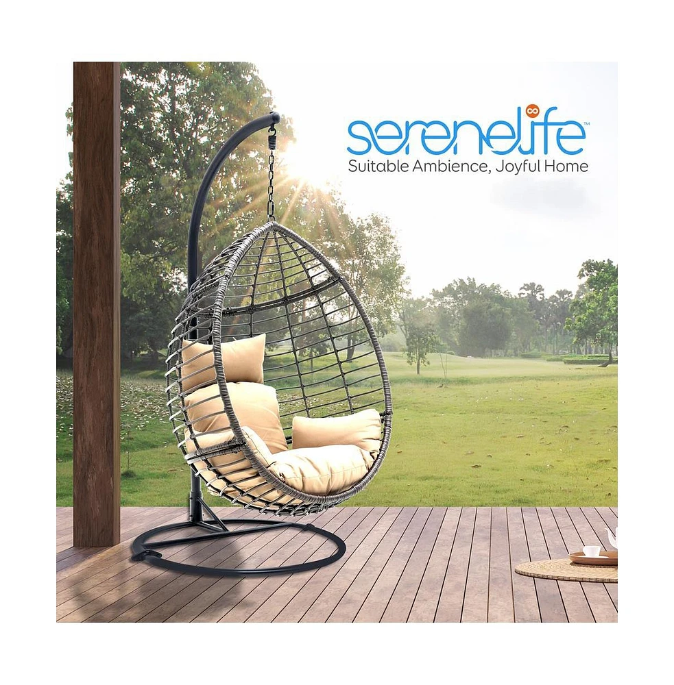 SereneLife Wicker Rattan Swing Chair with Cushions and Frame, Brown